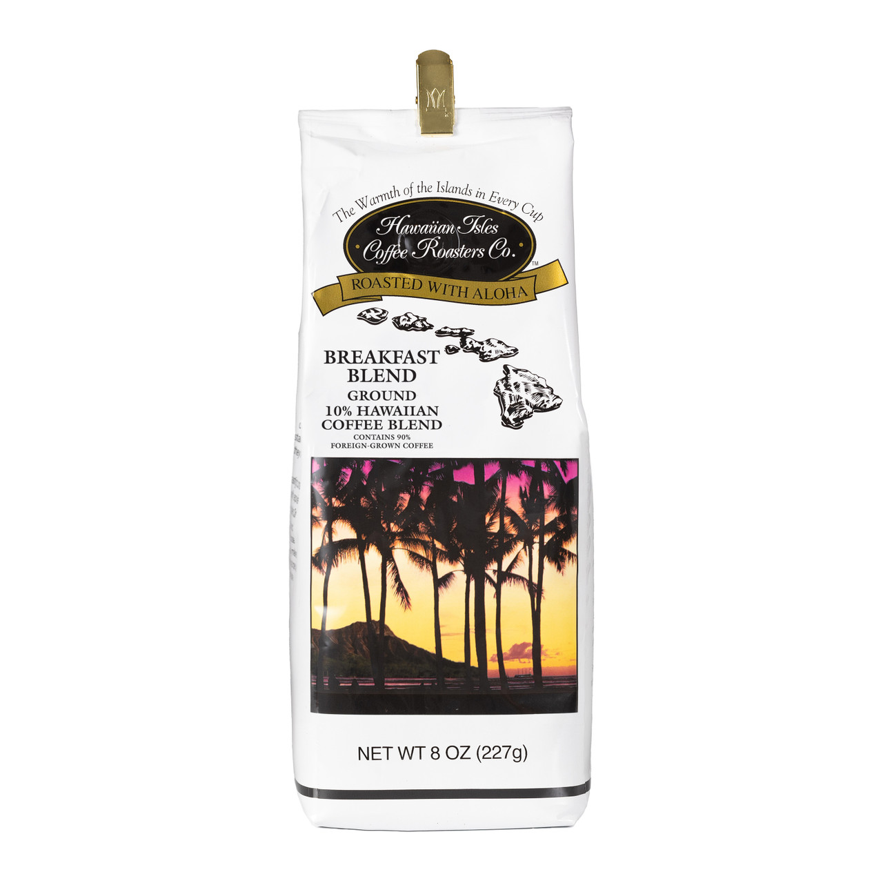 Front view of Hawaiian Isles Breakfast Blend coffee bag